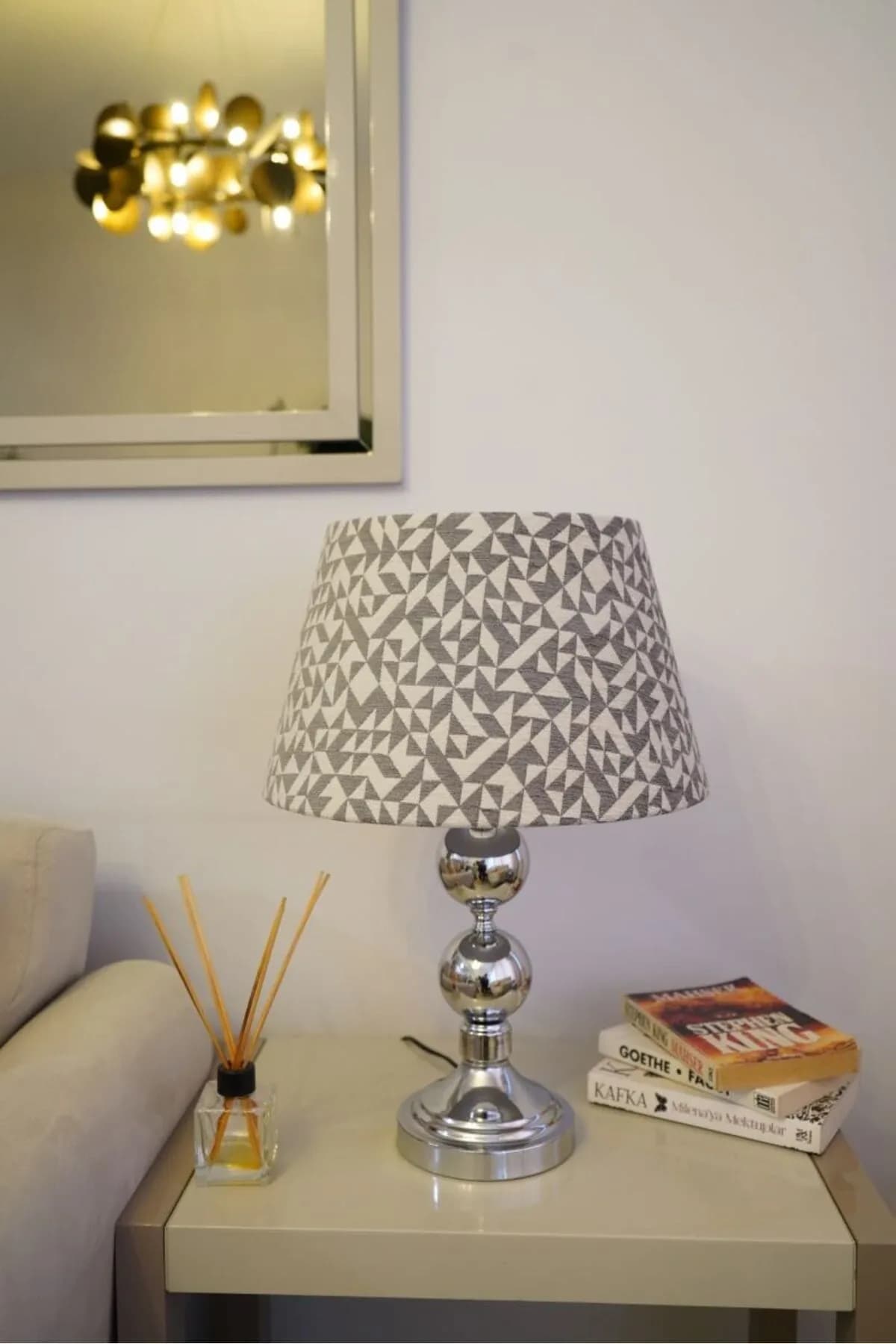 Krom Ayaklı Dokuma Antrasit Şapkalı El Yapımı Abajur Masa Lambası Salon Yatak Odası