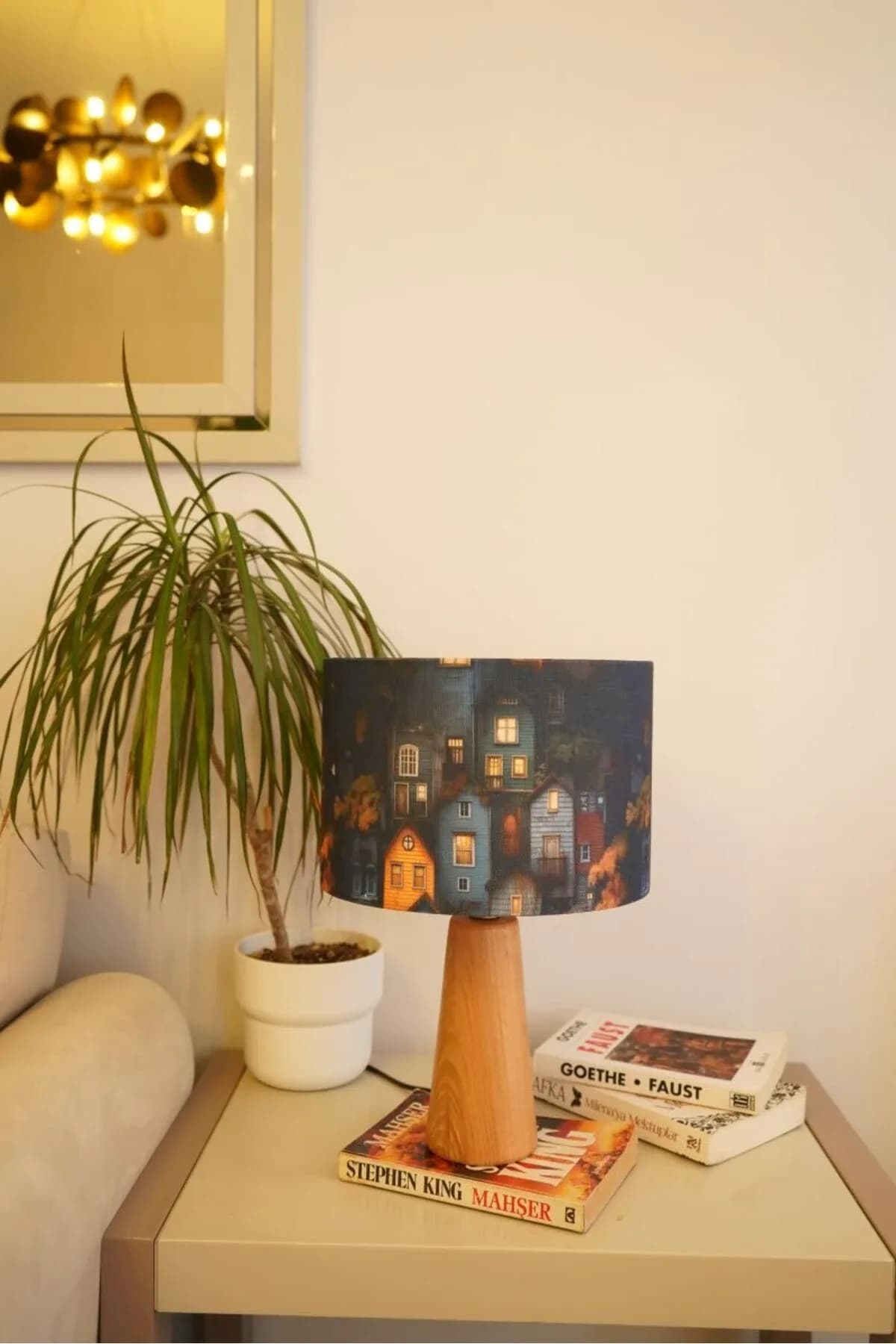 Ahşap Ayaklı Home Detaylı Silindir Masa Lambası Dekoratif Abajur Salon Yatak Odası