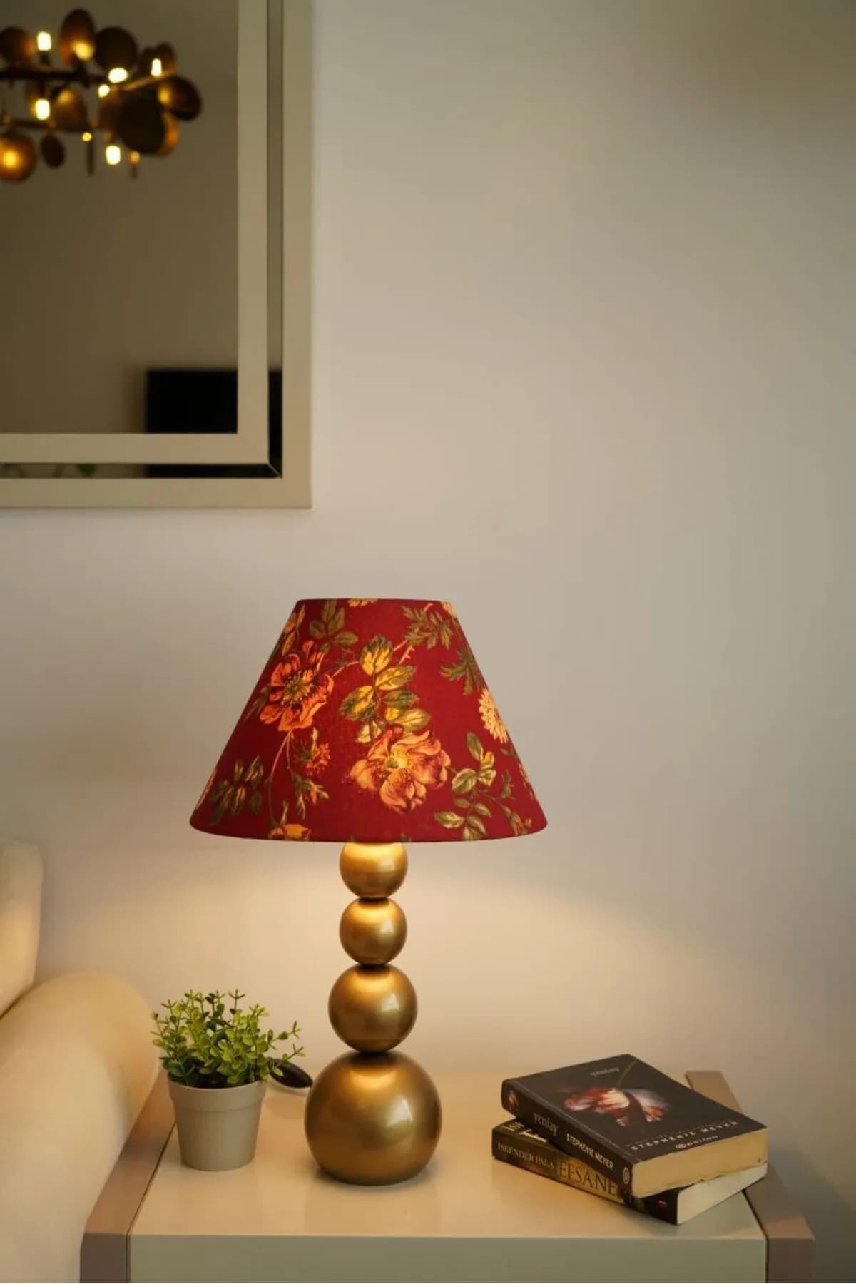 Eskitme Ayaklı Konik Kırmızı Çiçek Kumaşlı Masa Lambası Abajur Salon Yatak Odası