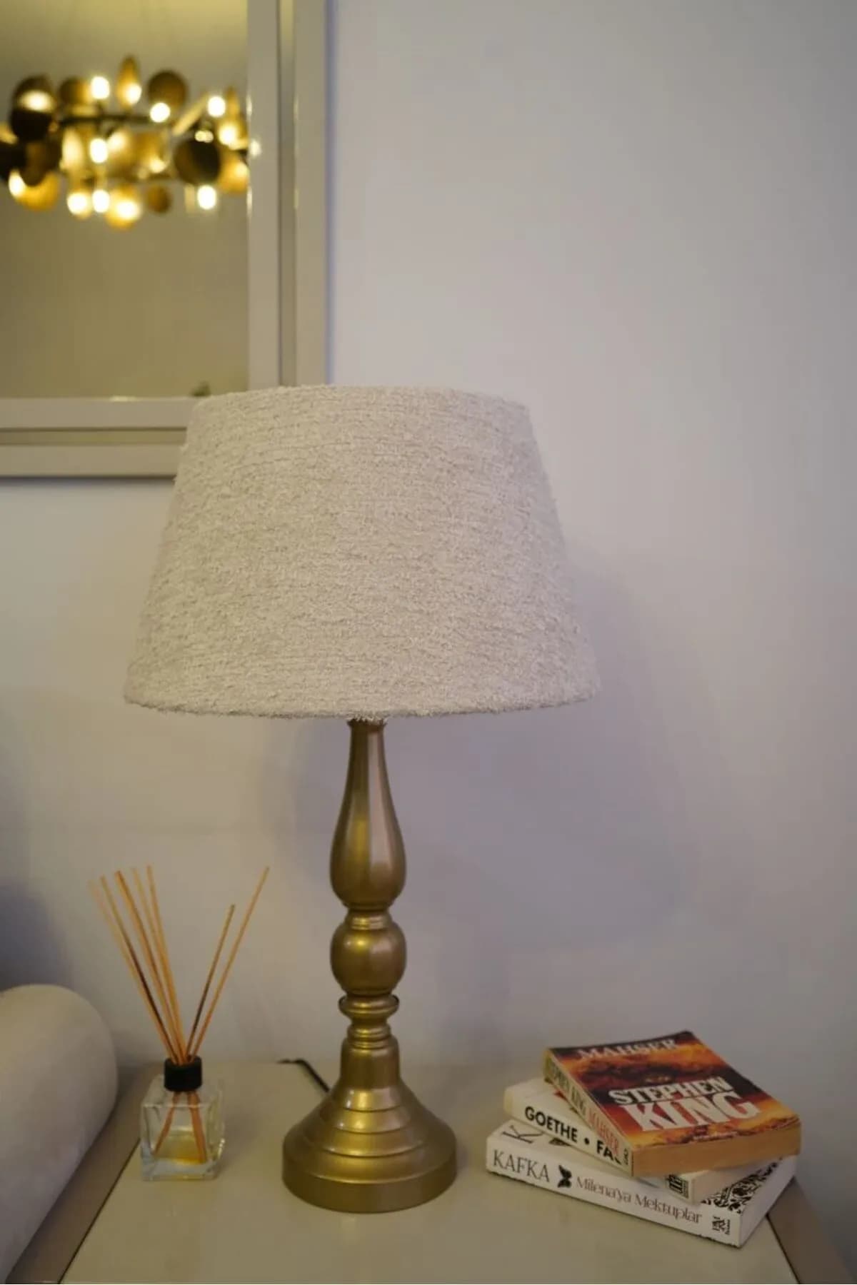 Eskitme Ayaklı Dokuma Bej Şapkalı El Yapımı Abajur Masa Lambası Salon Yatak Odası