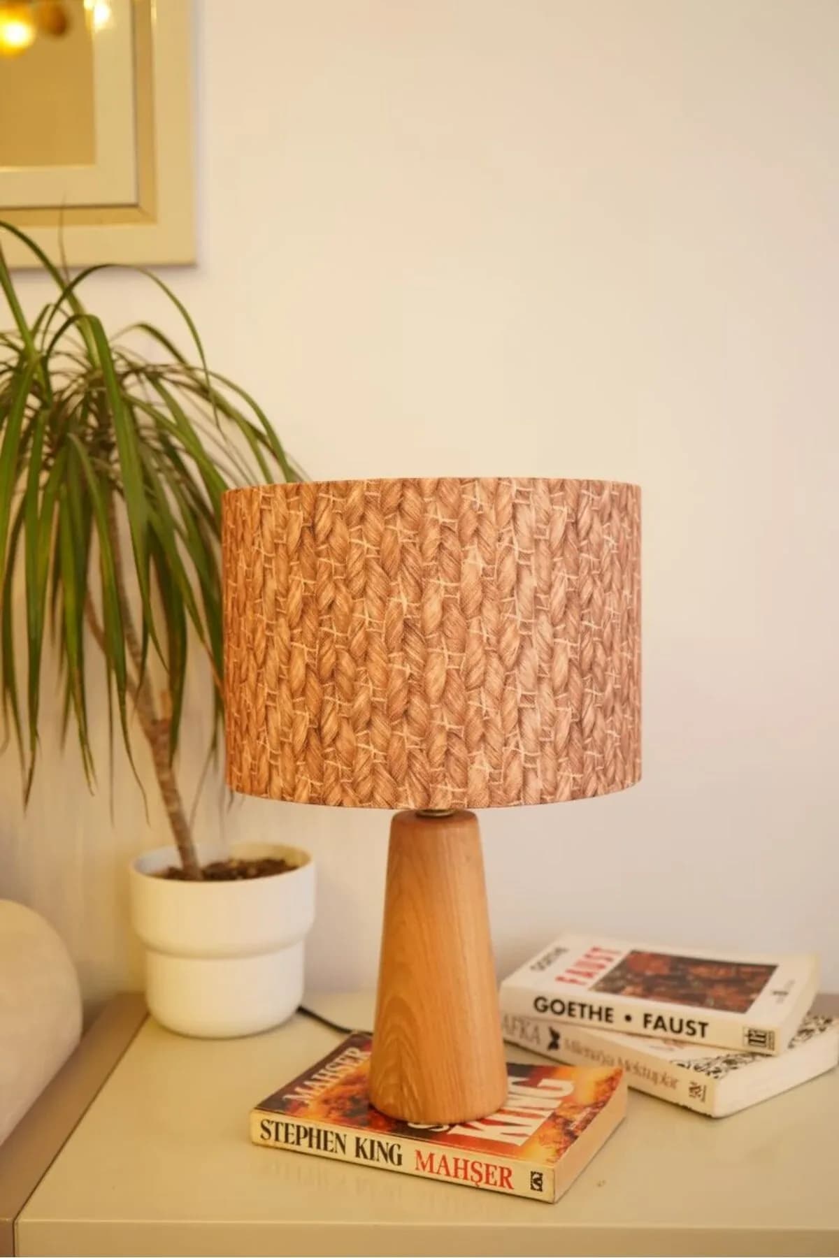 Ahşap Ayaklı Home Detaylı Silindir Masa Lambası Dekoratif Abajur Salon Yatak Odası