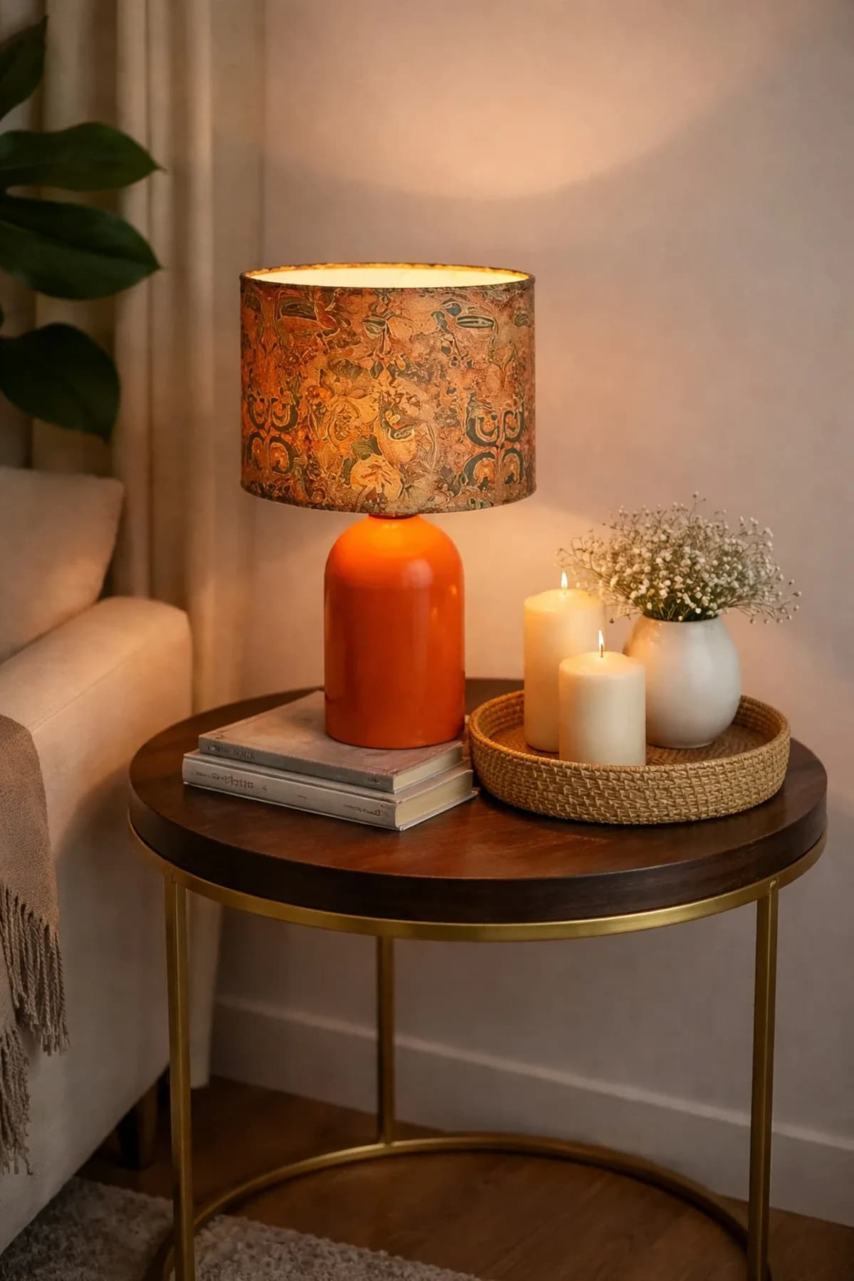 Turuncu Ayaklı Retro Turuncu Kadife Model Kumaş Şapkalı Şık Yatak Odası Salon Abajur Özel Modern