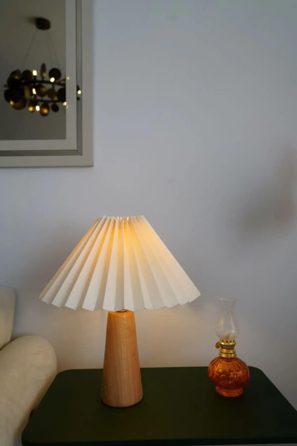 Doğal Ahşap Ayaklı Lüks Model Kumaş Umbrella Şapkalı Dekoratif Abajur Salon Yatak Odası