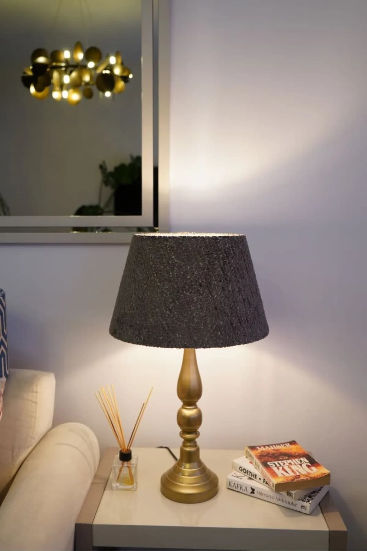 Eskitme Ayaklı Dokuma Bej Şapkalı El Yapımı Abajur Masa Lambası Salon Yatak Odası