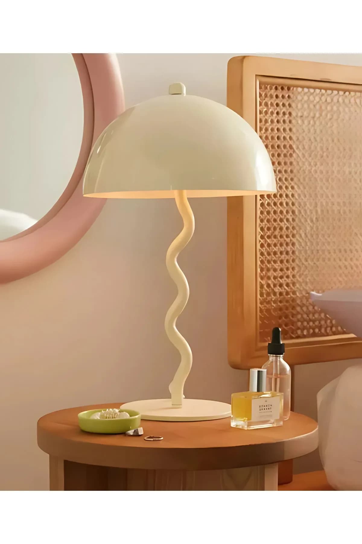 Zikzak Mantar Model Krem Dekoratif Masa Lambası Abajur Salon Yatak Odası Çocuk Odası