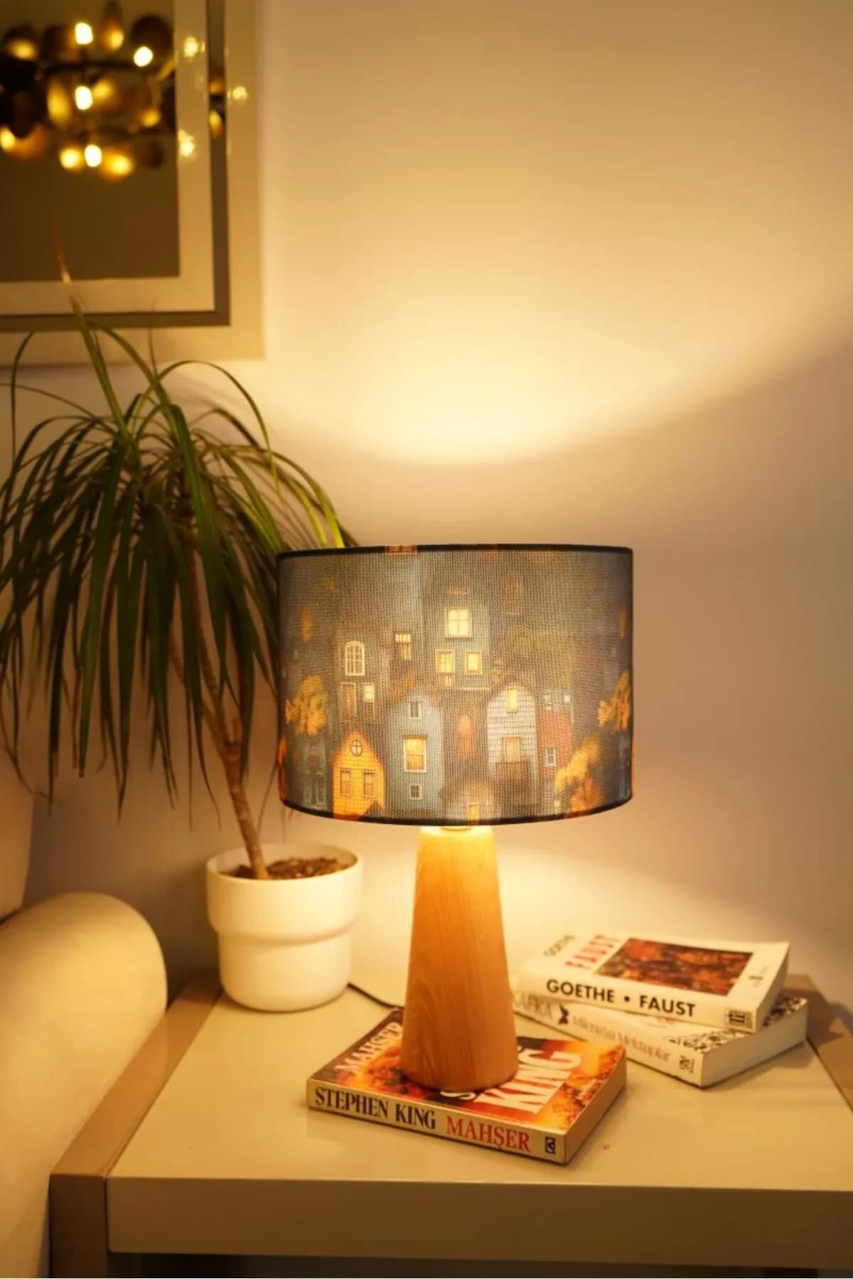 Ahşap Ayaklı Home Detaylı Silindir Masa Lambası Dekoratif Abajur Salon Yatak Odası